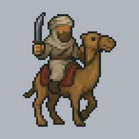 Arabian cavalry character in pixel art style with isolated background vector