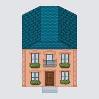 top view two story home building in pixel art style with isolated background vector