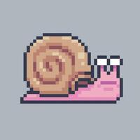 Pink snail character in pixel art style with isolated background vector