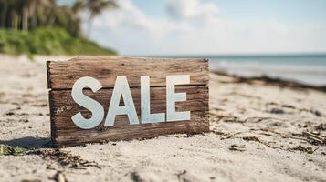 Sale sign on a sandy beach with ocean in the background . photo