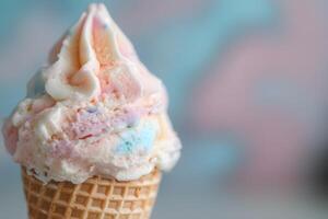 A close-up of a colorful ice cream cone showcasing soft pastel swirls . photo