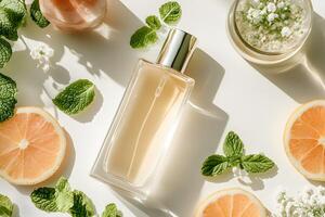 Cosmetics and skincare items displayed with fresh ingredients and scents . photo