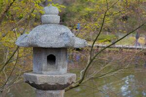 Stone lantern beside a pond in a serene Japanese garden setting photo