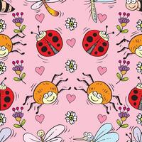 Seamless pattern with insects and hearts vector