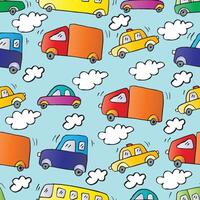 Seamless pattern with cartoon cars and clouds. vector