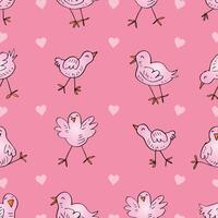 Seamless pattern with cute chickens and hearts on pink background vector