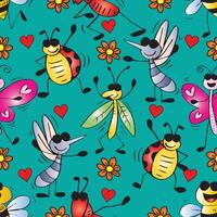Seamless pattern with insects and hearts on blue green background. vector