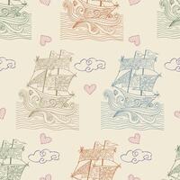 Seamless pattern with sailing ships and clouds. vector