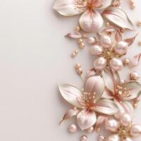 A beautiful bouquet of flowers and pearls on a white background. photo