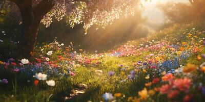 Stunning Colorful Flower Garden in Soft Sunlight photo