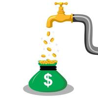 Illustration of money falling from a tap on a white background, a steady flow of investment generates financial. vector