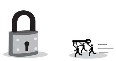 Teamwork success - Team of business people running holding keys, which are heading towards the lock. Working together creates progress and winning concept. vector
