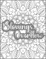 Blessings Overflow motivational gratitude quote coloring page for adults. vector