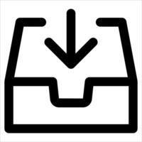 A unique black and white icon of a box with an arrow pointing down vector