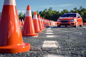 Traffic cones on a parking lot with blurred car in the background during a driving test or training. photo