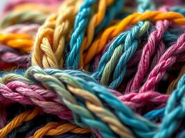 a close up of a colorful yarn photo