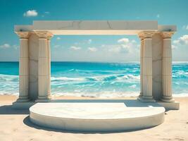 an empty stage on the beach with a sea in the background photo