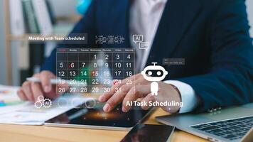 AI task scheduling timeline, AI-enhanced tools empower teams manage workloads, Businessman organizing schedule using Ai, Multitasking to finish daily agenda with AI smart things concept. photo