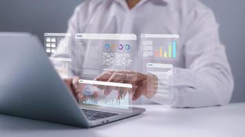 Businessman analyzing business performance data. Planning and accounting. Strategy analysis and investment planning. Financial data analysis, graph, chart, statistical reports, company development. photo