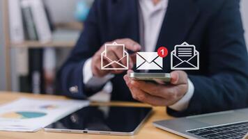New email notification concept for business e-mail communication and digital marketing, Inbox receiving electronic message alert, Businessman touch on email in virtual screen, Internet technology. photo