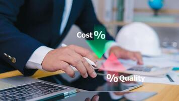 Cost calculation, Construction cost planning, Architect or engineer working with quality control and cost reduction, Cost and quality control, Construction planning, Budget structural calculation. photo