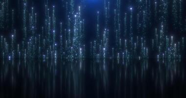 Streams of particles with sparkling spray plumes upwards. Mirror reflection from the floor. Abstract animation. 24 video