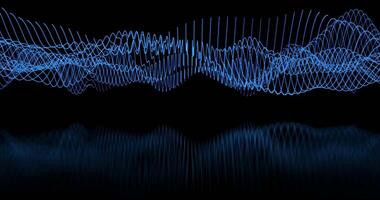 A fluttering colored trail of sine waves on a black background. Mirror reflection on the floor. Seamless looping animation. 34 video