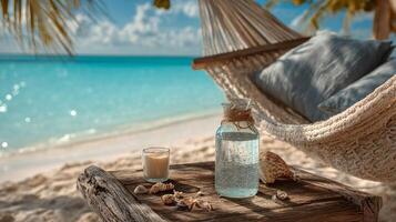 Coastal Serenity. A tranquil beach scene with a hammock photo