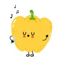 This charming Yellow Bell Pepper character is joyfully singing with a microphone and musical notes. vector