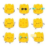 A delightful collection of cartoon Cheese characters with various funny expressions and poses. vector