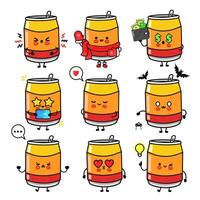 Charming cartoon Soda Cans depict various moods and scenarios with fun, expressive faces and details. vector