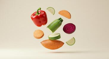 Fresh Vegetables and Fruit Levitation Healthy Eating Food Motion Dynamic Vibrant Nutrition Copy Space photo