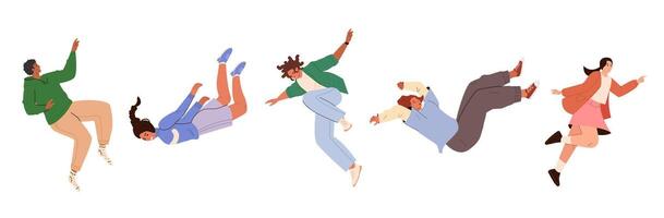 Flying people. Movement in air, falling young characters in different poses, hovering and soaring vector
