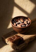 cacao frijoles cuenco chocolate bar rústico mundo chocolate día natural ingrediente origen fotografía antecedentes foto