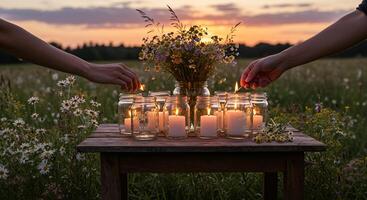 Hands Lighting Candles on Rustic Table Twilight Peaceful Romantic Moment Commemorative Photography Copy Space photo
