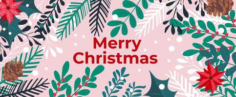Merry Christmas and Happy New Year greeting card or web header banner. Typography Xmas design with Christmas tree branches, winter plants, snowflakes. vector