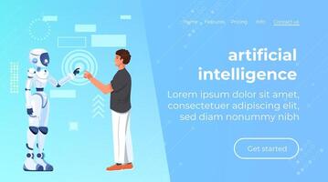 Android helps a human. Contract with ai robot, technology professional partnership. Businessman and artificial intelligence cooperate. vector