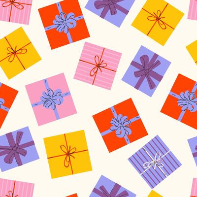 Pattern with gift boxes. Decoration for birthday, valentine's day, Mother's day, New Year and other holidays. Hand drawn gift packaging, wrapping, greeting card