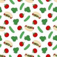 Hand drawn seamless pattern with hot dog, cucumber, tomato, and lettuce on white background. Perfect for food packaging, menus, textiles, and summer designs. vector