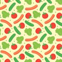 Seamless hand-drawn pattern featuring a sausage with fresh lettuce, tomato, and cucumber on a neutral sand-colored background. Perfect for food packaging, menus, textiles, and summer designs. vector