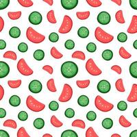 Seamless pattern with cucumber and tomato slices. On a white background. In a hand-drawn style. Fresh vegetables background. vector