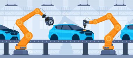 Process of automated car production. Wehicle parts on the machinery line with robotic hands. Assembly line at an automobile factory. illustration. vector