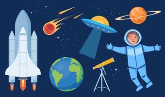 Space and galaxy set. Space objects, telescope, astronauts, rocket, flying saucer, planets, comet. illustration. vector