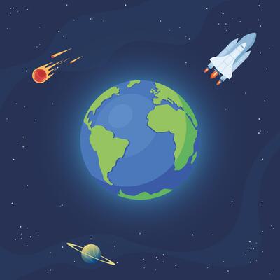 Space with planet Earth, rocket, planets and stars. Illustration Of Space.