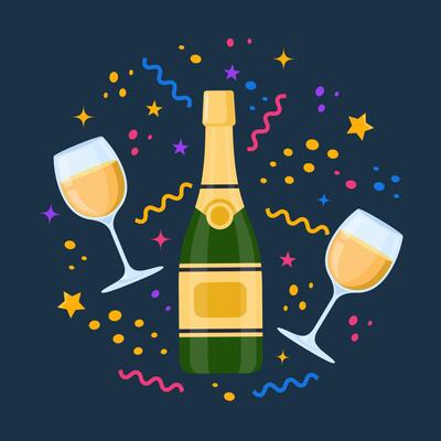 Champagnes party. Champagne bottle explosion, serpentine ribbons, confetti and glasses with sparkling wine. illustration.
