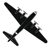 Black silhouette of a four engine propeller airplane flying against white backdrop vector