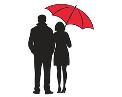 Silhouette of a couple walking together protected under a red umbrella on a white background. vector
