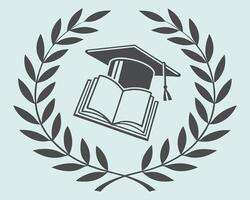 Graduation concept with a mortarboard and open book framed by a laurel wreath symbol vector