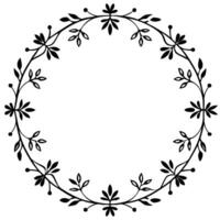 Elegant circular floral frame graphic black and white botanical design element vector