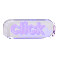 3d Rendering Purple Click Button with glossy, reflective surface.. Dispersed glass. Neon sign text. Holographic object in Y2K style. Decorative element for social media png